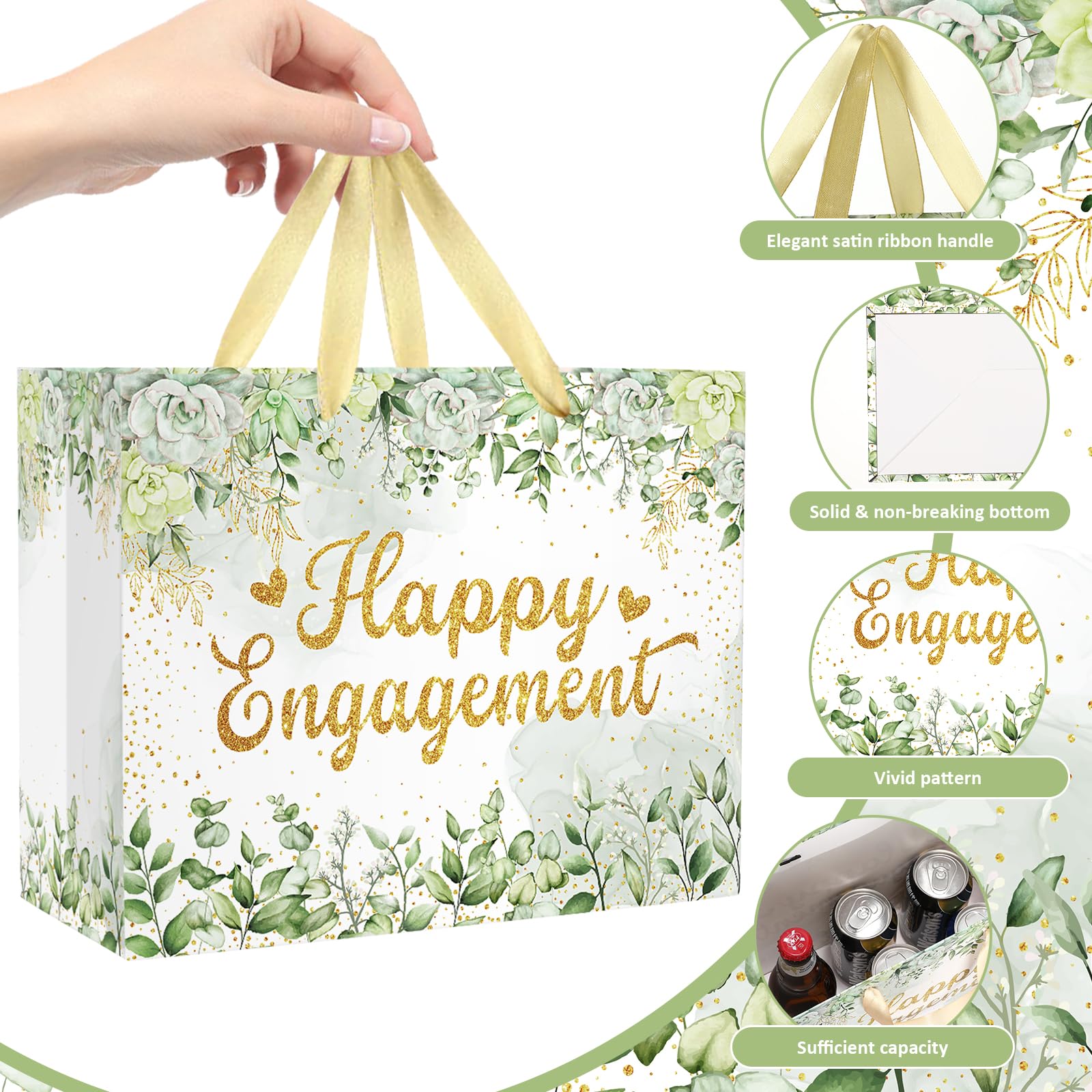 Engagement Party Gift Bags Sage Green Happy Engagement Gift Wrapping Paper Bag with Tissue Paper Card Eucalyptus Christmas Engagement Party Decorations Gift Bags Sage Green Happy Engagement Supplies