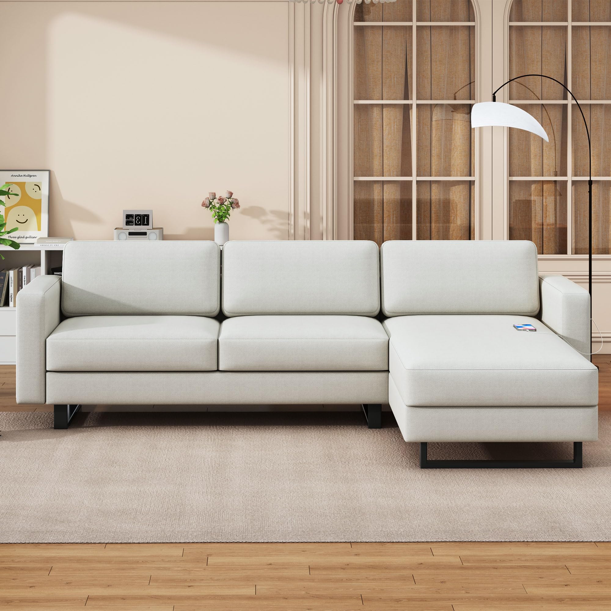 Favfurish Sectional, Convertible L-Shape Sofa Couch with Reversible Armrests,Solid Wood Frame,Chaise Longue,USB Function,for Living Room, Apartment,Studio,Cream White, 100