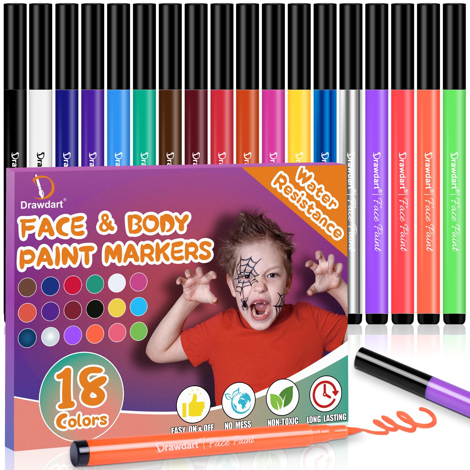 Drawdart 18 Colors Face Painting Markers, Water Resistance Sweatproof Halloween Face Body Paint Markers, Waterproof Tattoo Pen, Anti Smudge Face Paint Markers for Halloween Party Kids Adults