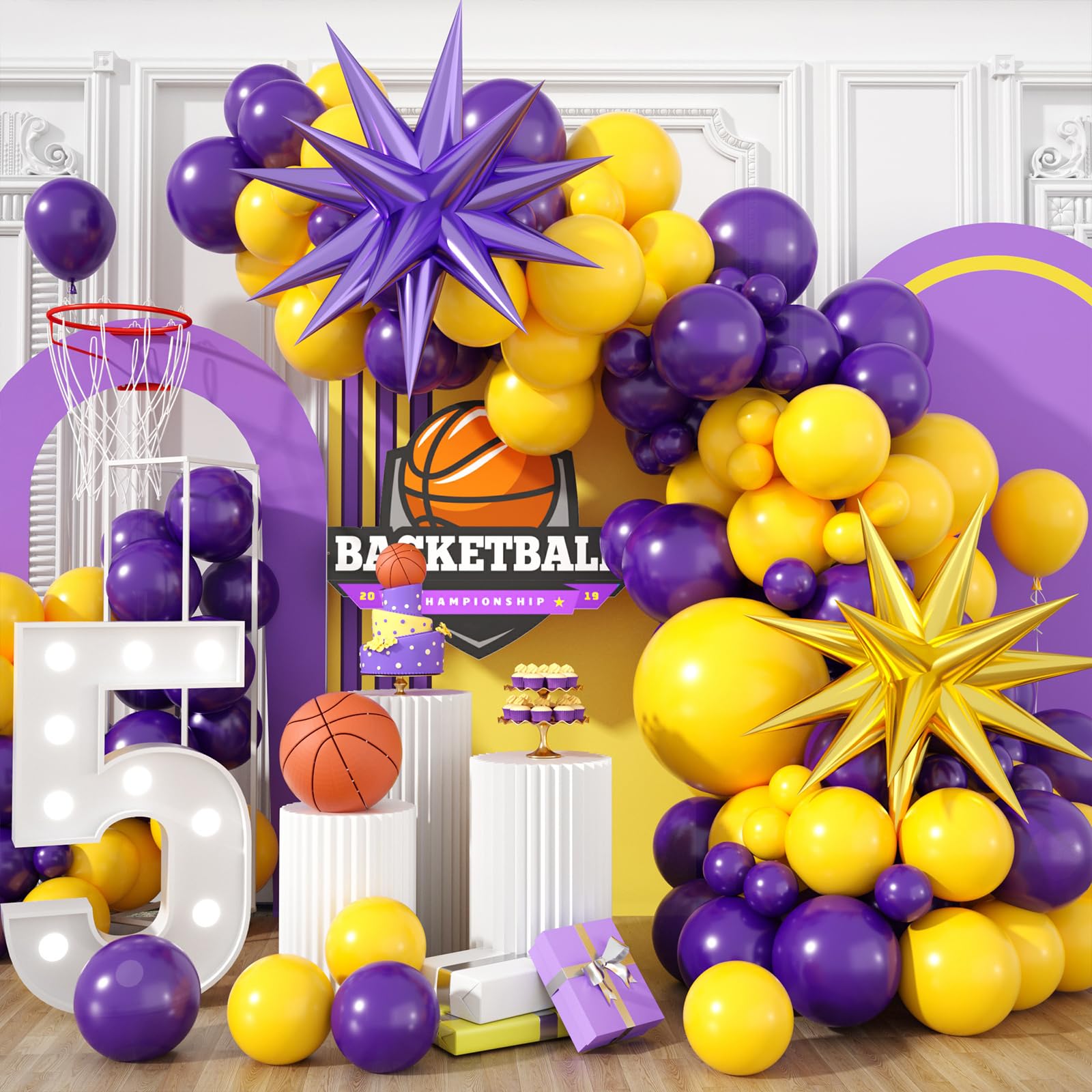 Purple and Yellow Balloon Arch Kit,Basketball Balloons with Gold Purple Star Foil Balloons,for Boys Basketball Party Sport Theme Birthday Graduation Anniversary Wedding Baby Shower Decorations