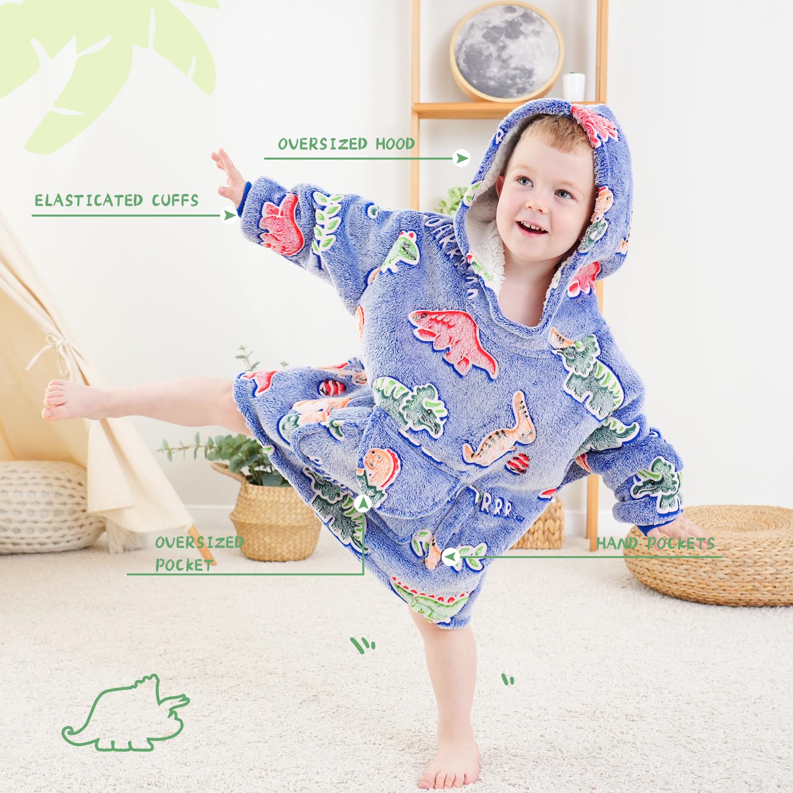 KIVEE Cute Wearable Blanket Hoodie Kids Toddlers Dinosaur Sweatshirt Blanket with Giant Pocket Glow in the Dark Dino Hooded Blanket Girl Boy Birthday Dinosaur Gifts