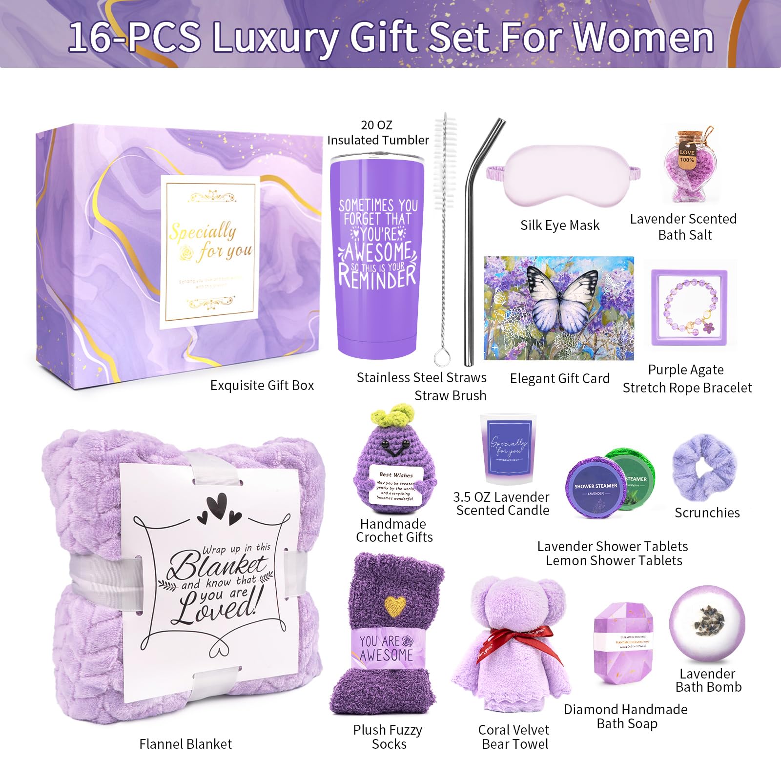 Gifts for Women, Lavender Spa Gifts Set,16 Pcs Gift Set for Women, Mom, Wife, Girlfriend, Sister, Unique for Birthday, Christmas, Valentine's Day, Mother's Day Gifts - Lavender Spa Gift Basket Set