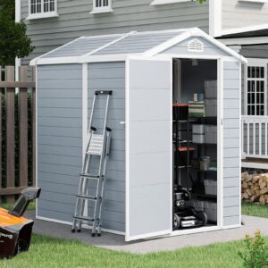 jolydale 6’x4’ outdoor storage resin shed, resin utility tool shed storage house with lockable door, for backyard, patio, garden bikes and pool accessories, grey