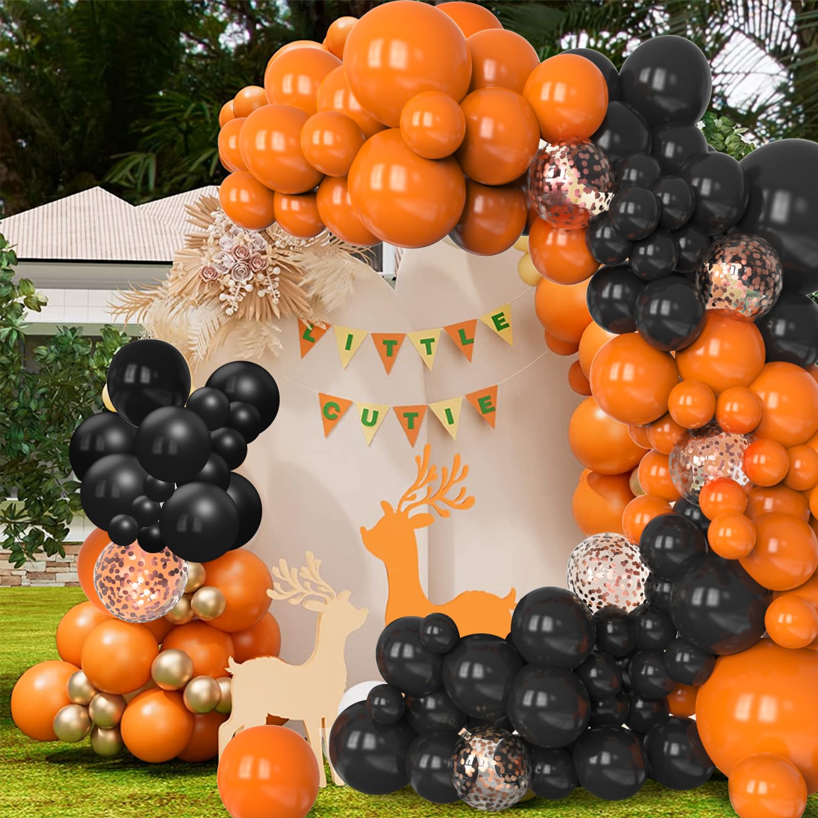 Orange and Black Balloons Arch Kit Garland, 130 pcs Black Orange Halloween Balloons Arch kit, Orange Black Rose Gold Confetti Balloons for Halloween Party Decorations