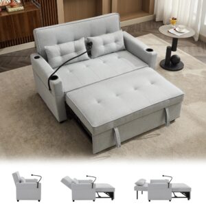 convertible loveseat sleeper bed, 3-in-1 chaise lounge chair with pillow and usb charging, reading chair for adults with cup holder, side pocket, lounge sofa for bedroom with phone holder, grey