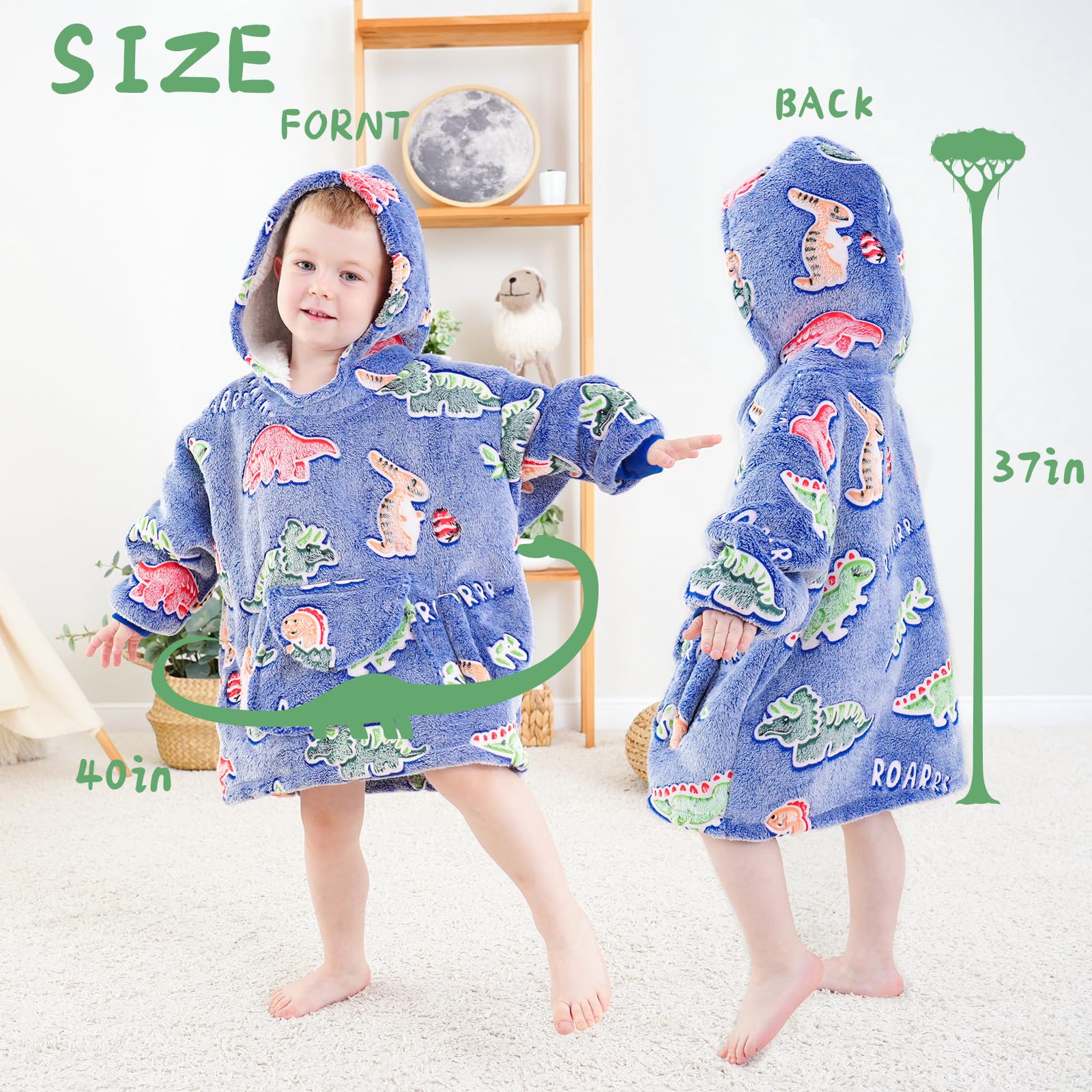 KIVEE Cute Wearable Blanket Hoodie Kids Toddlers Dinosaur Sweatshirt Blanket with Giant Pocket Glow in the Dark Dino Hooded Blanket Girl Boy Birthday Dinosaur Gifts