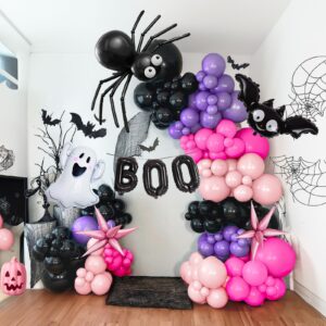 pink purple black halloween balloon garland arch kit 130+pcs with boo ghost bat diy spider mylar balloon for halloween theme spooky one birthday party & fall girl baby shower party decorations