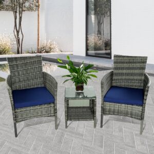 JRBIAOGE Patio Conversation Furniture 3-Piece Set PE Rattan Wicker Chair with Table Suitable for Patio, Poolside, Lawn and Other Outdoor Occasions (Grey+Dark Blue)