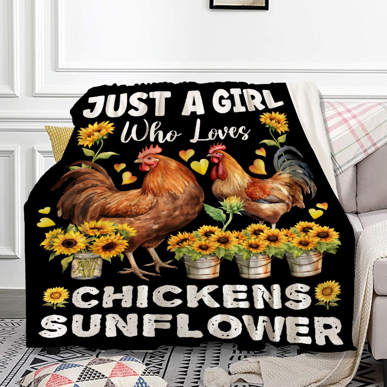 Just A Girl Who Loves Chickens Sunflower Blanket for Girls Sunflower Chickens Gifts for Women Soft Cozy for Couch Bed Sofa Living Room 40x50inches