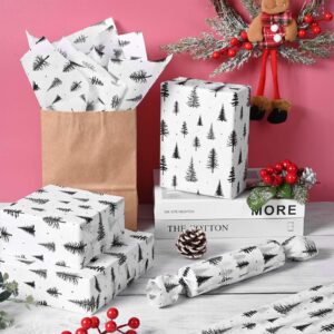 Bolsome 100 Sheets 20 * 14 Inches Christmas Tissue Paper for Gift Wrapping Black White Xmas Tree Printed Tissue Paper for Gift Bags for Xmas Party Baby Shower Birthday Party DIY Craft