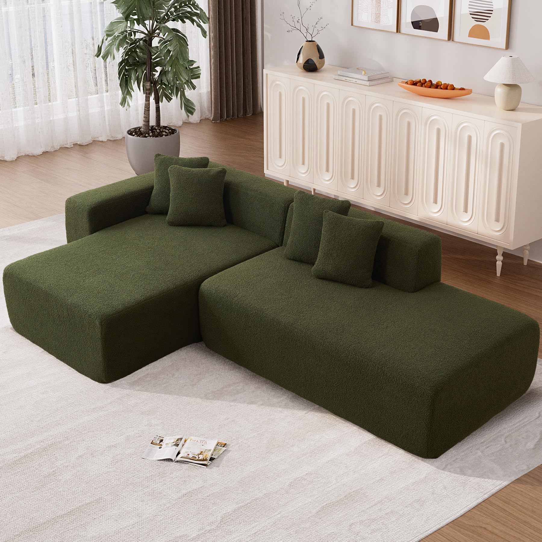 ONEMMLION 105" L-Shape Modular Sectional Sofa, Modern Cloud Couch with Left Facing Chaise Lounge, Upholstered Sherpa Corner Sofa Couch, Deep Seat Convertible Sleeper Couch for Living Room, Green