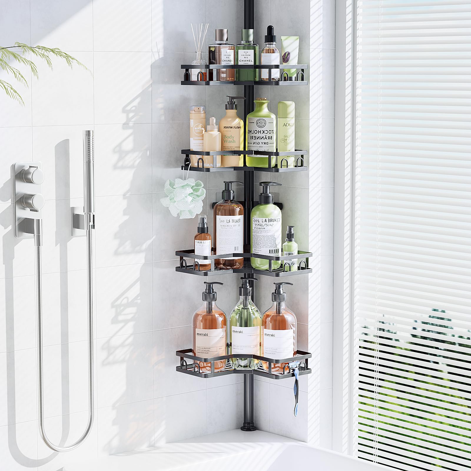 HEVEL Corner Shower Caddy Tension Pole, 4 Tier Adjustable Shower Organizer Corner 62-115 Inch, Rustproof Bathroom Corner Shower Shelves for Bathtub Storage