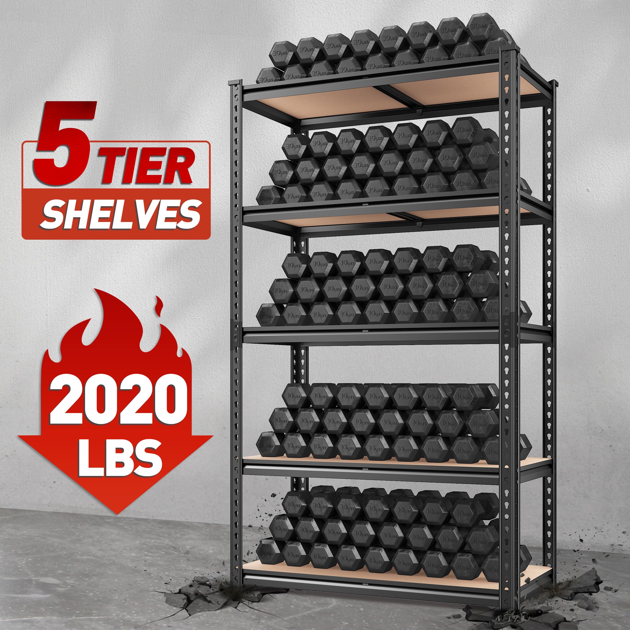 REIBII 2020LBS Storage Shelves 5 Tier Garage Shelving Heavy Duty 72" H x 35.55" W x 16" D Adjustable Metal Shelving Unit for Garage Shelves Utility Rack Shelf for Basement Pantry Closet Shelves,Black