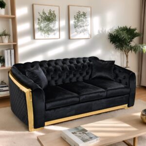 Mid Century Modern Chesterfield Sofa Couch, 81" Velvet Couch Chesterfield Sofa Luxury Upholstery Curved Sofas for Living Room, 3 Seat Tufted Sofa Furniture with 2 Pillows & Classic Gold Legs, Black