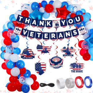 realspring 147 pcs happy veterans day party decorations, blue red white balloon garland arch kit, thank you veterans banner and swirls set for thank you veterans party, patriotic party supplies