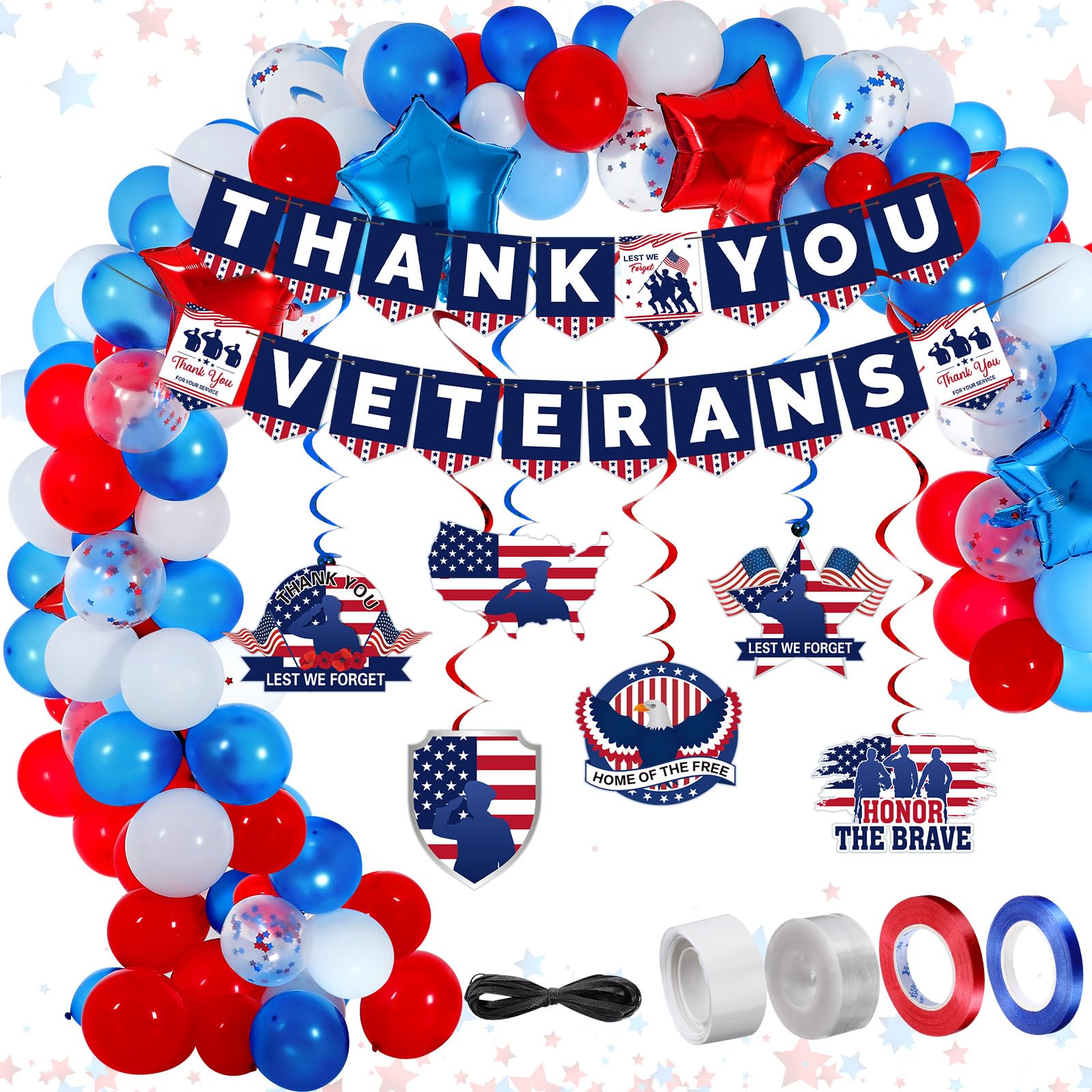 Realspring 147 Pcs Happy Veterans Day Party Decorations, Blue Red White Balloon Garland Arch Kit, Thank You Veterans Banner and Swirls Set for Thank You Veterans Party, Patriotic Party Supplies