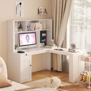 home office l shaped desk with hutch, drawers & bookshelf and led light, wood computer desk with charger, corner desk study table writing desk, gaming computer desk for study room, white