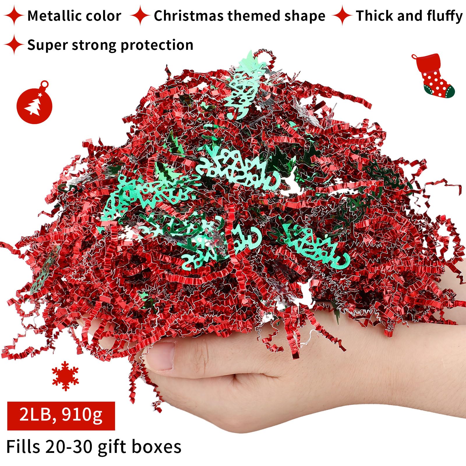 Knitgrip 2lb Christmas Basket Stuffers Metallic Red Green Crinkle Cut Paper Shred Filler Christmas Crinkle Paper Merry Christmas Tree Snowflake Elk Confetti Christmas Packaging Raffia Stuffers