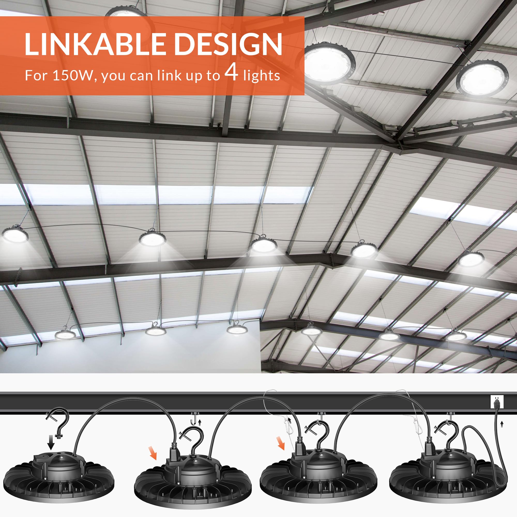 SHINEWOO Linkable LED High Bay Light 150W 21,000lm 5000K Daylight with US Plug 5’ Cable, LED Shop Lights, Waterproof UFO Commercial Warehouse Workshop Garage Factory Area Lighting Fixture, 2 Pack