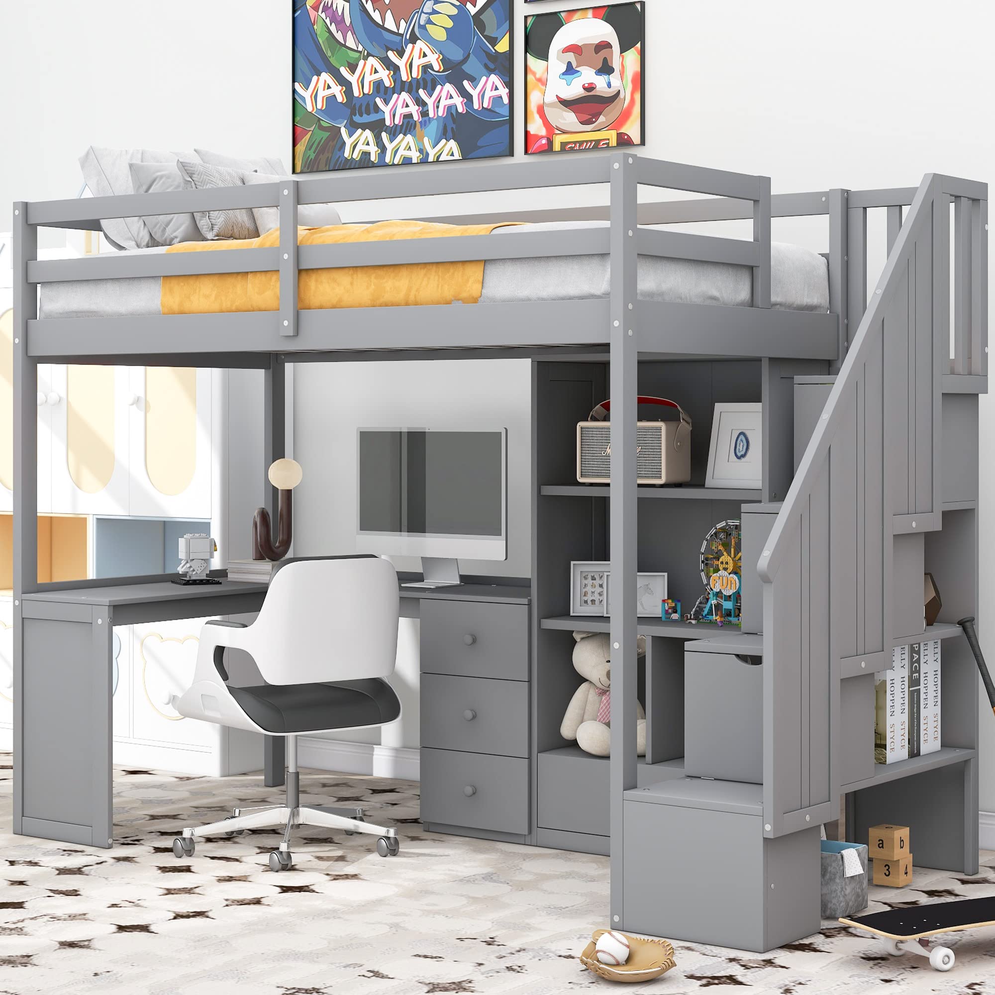 Wood Loft Bed Twin Size, Multifunctional Twin Bed Frame with L-Shaped Desk and Drawers, Cabinet and Storage Staircase, Gray