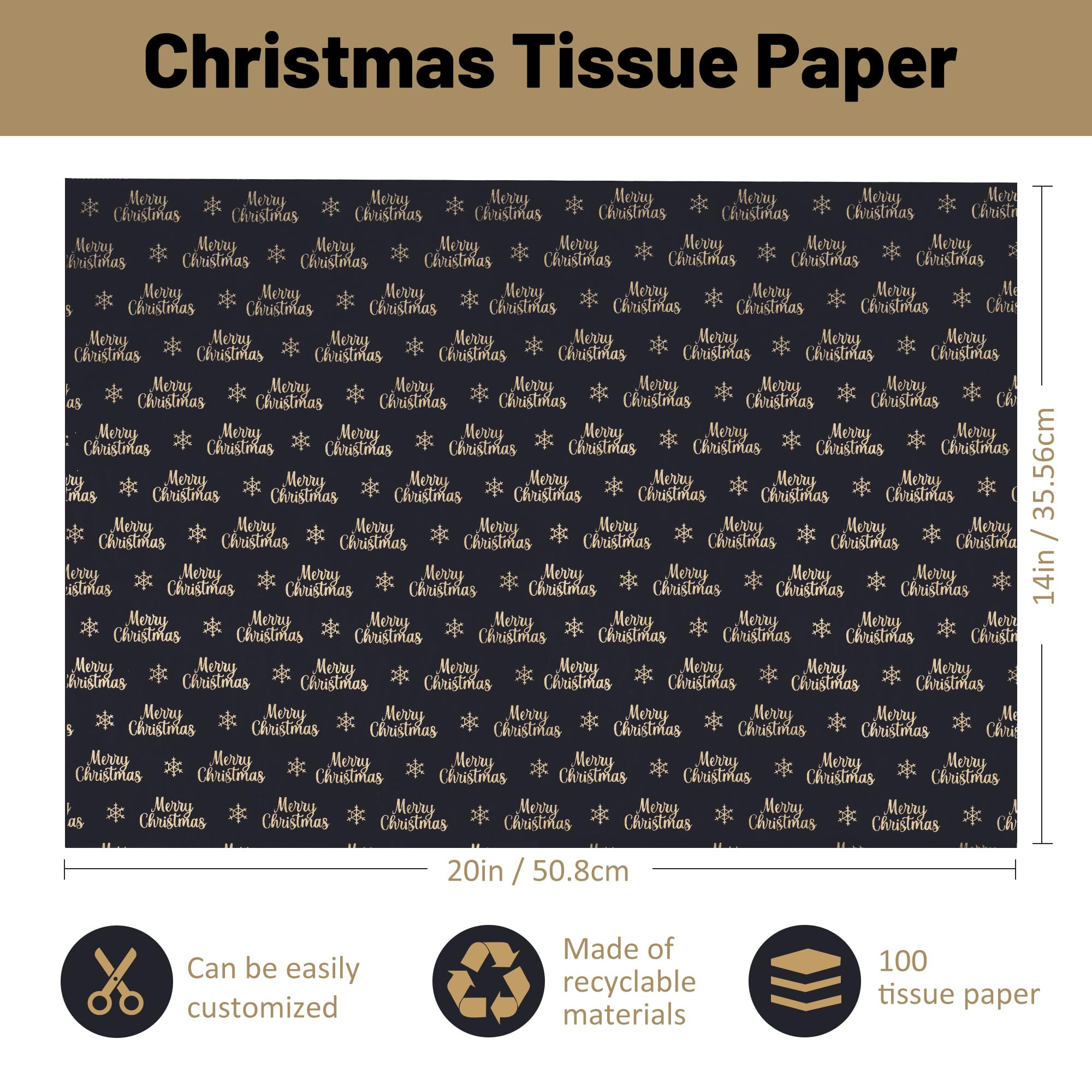 BeBesta Christmas Tissue Paper Black Gold Wrapping Paper Tree Reindeer Gift Wrapping Tissue Paper Merry Christmas Art Paper Crafts for Home DIY Gift Bags New Year Decor, 100 Sheets