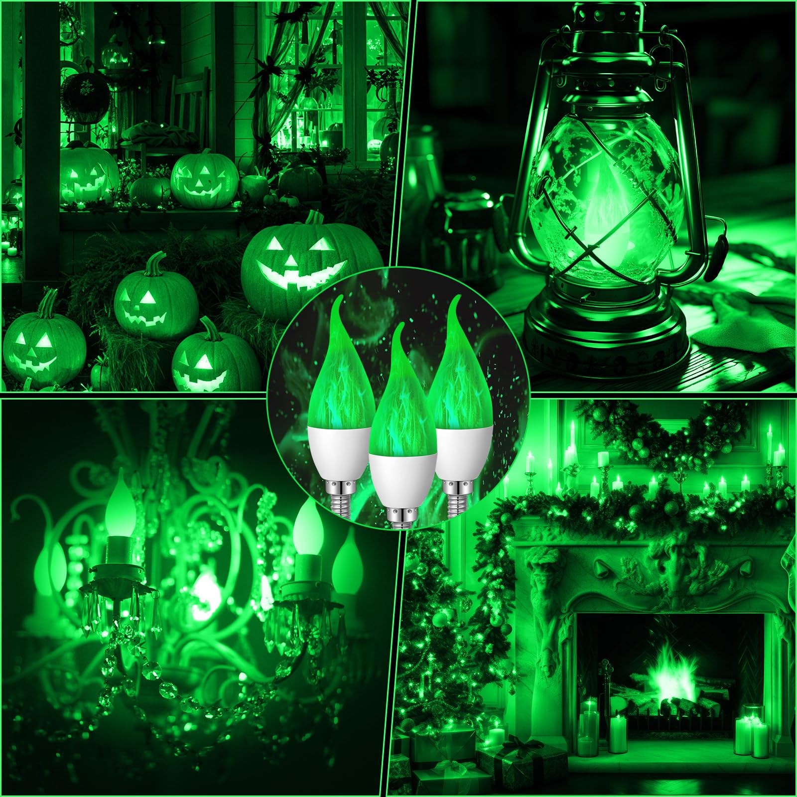 VIHOSE Halloween 6 Pack E12 LED Flickering Light Bulbs Candle Light Bulbs Chandelier Light Bulbs Fire Light Bulb LED Candle Bulbs for Christmas Xmas Party Porch Indoor Decoration(Green)