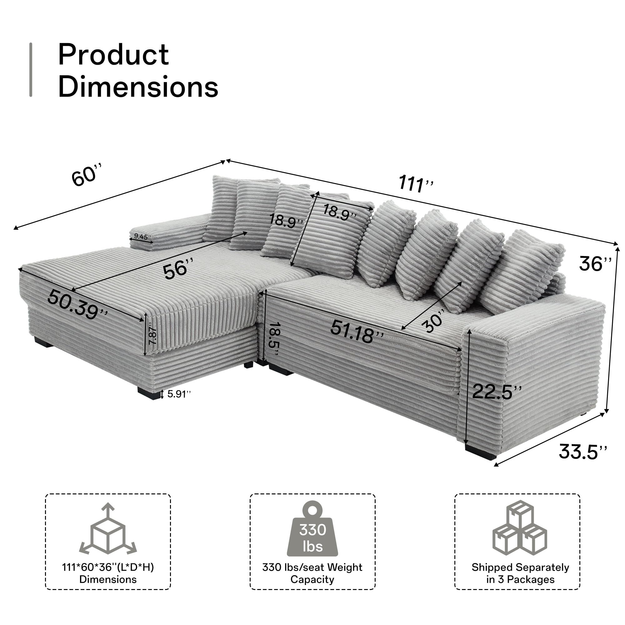 Modular Couch, L Shaped Modular Cloud Couch with Pillows and Track Arm, Corduroy Fabric Modular Sofa for Living Room Office Studio Flat, Left Facing Chaise Sofa (Gray)