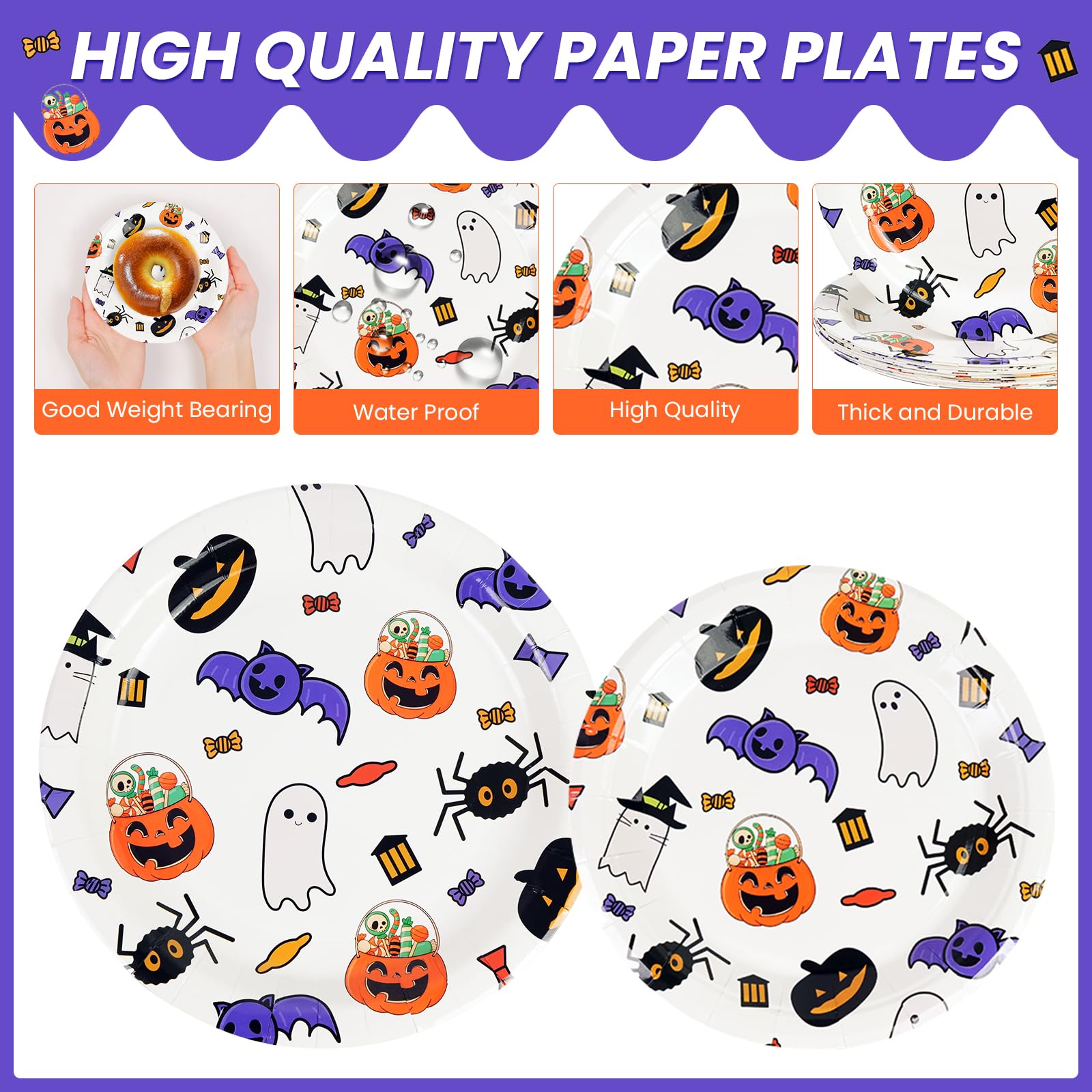 96PCS Happy Halloween Paper Plates and Napkins Set, Halloween Theme Party Decorations Set Include Paper Plates, Napkins, Forks Disposable Tableware Supplies for Kids Halloween Party, Serves 24