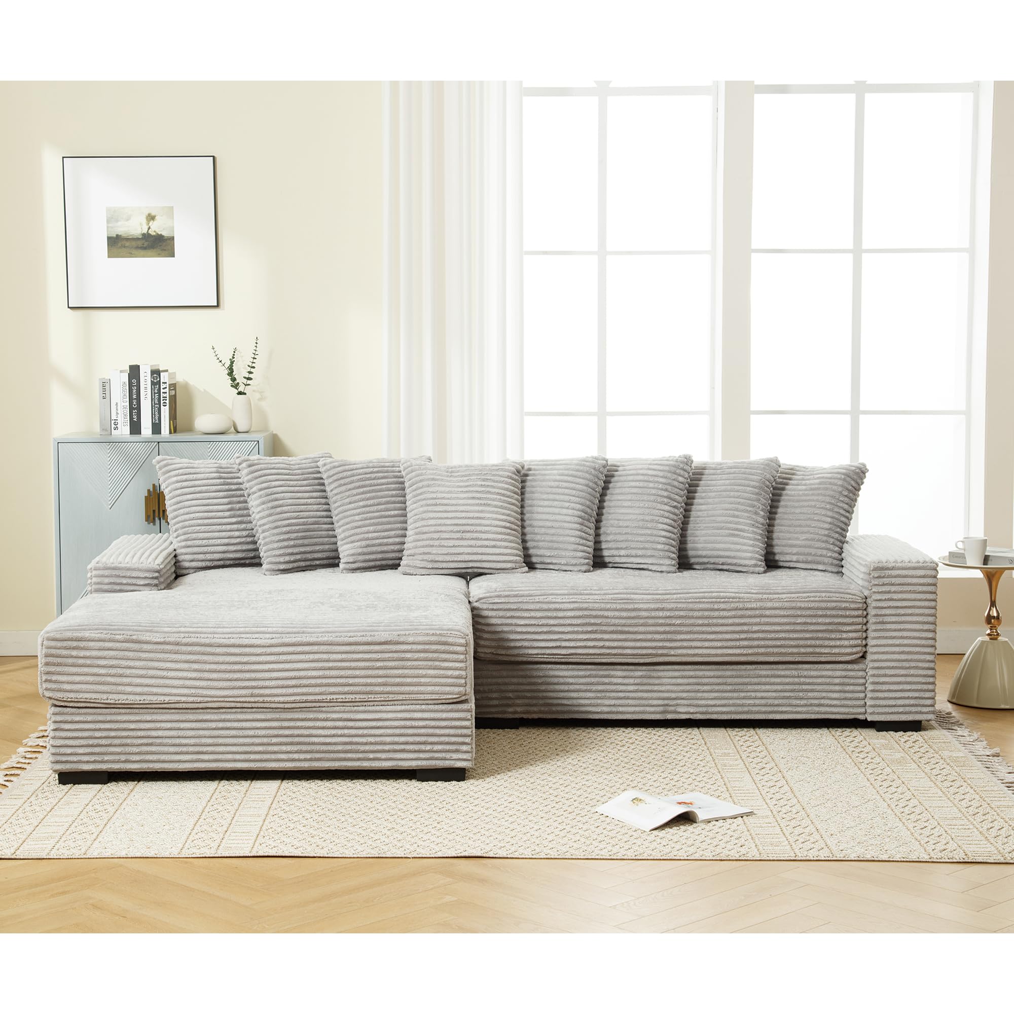 Modular Couch, L Shaped Modular Cloud Couch with Pillows and Track Arm, Corduroy Fabric Modular Sofa for Living Room Office Studio Flat, Left Facing Chaise Sofa (Gray)