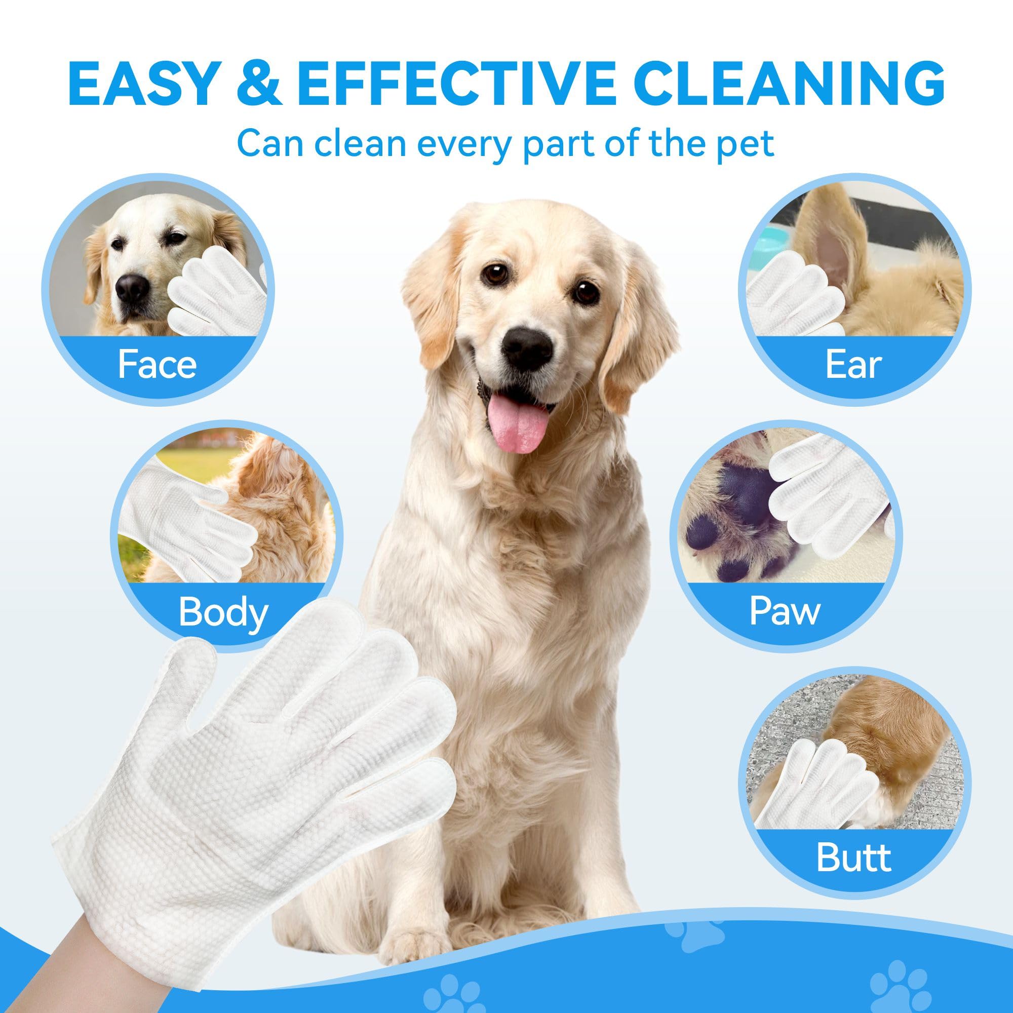 YUVEXAHOO Dog Wipes Cleaning deodorizing, Extra Thick Dog Wipes, Dog Washing Gloves for Daily pet Care and Travel, 6 PCS (Blue Packing, Extra-Thick)