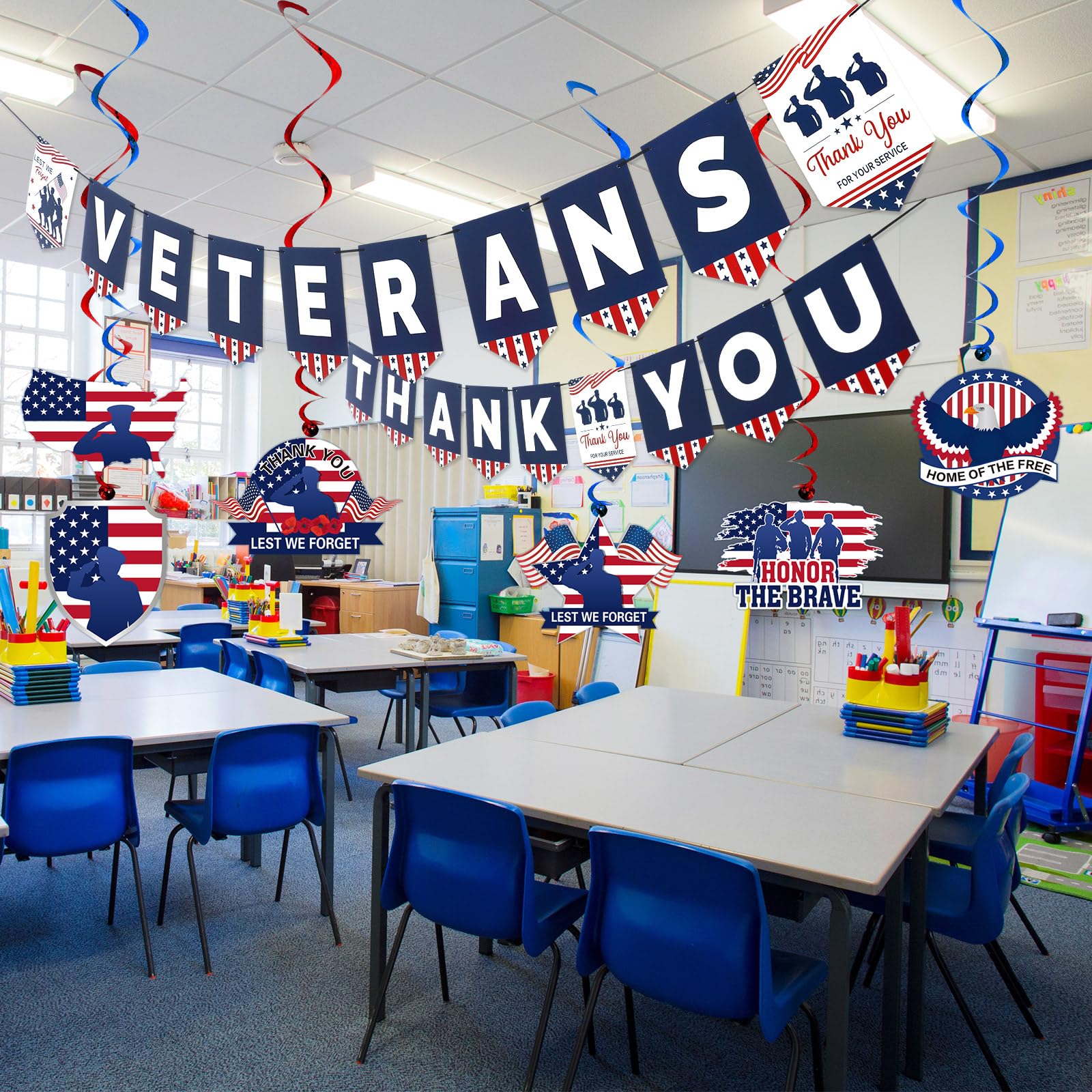 Realspring 147 Pcs Happy Veterans Day Party Decorations, Blue Red White Balloon Garland Arch Kit, Thank You Veterans Banner and Swirls Set for Thank You Veterans Party, Patriotic Party Supplies