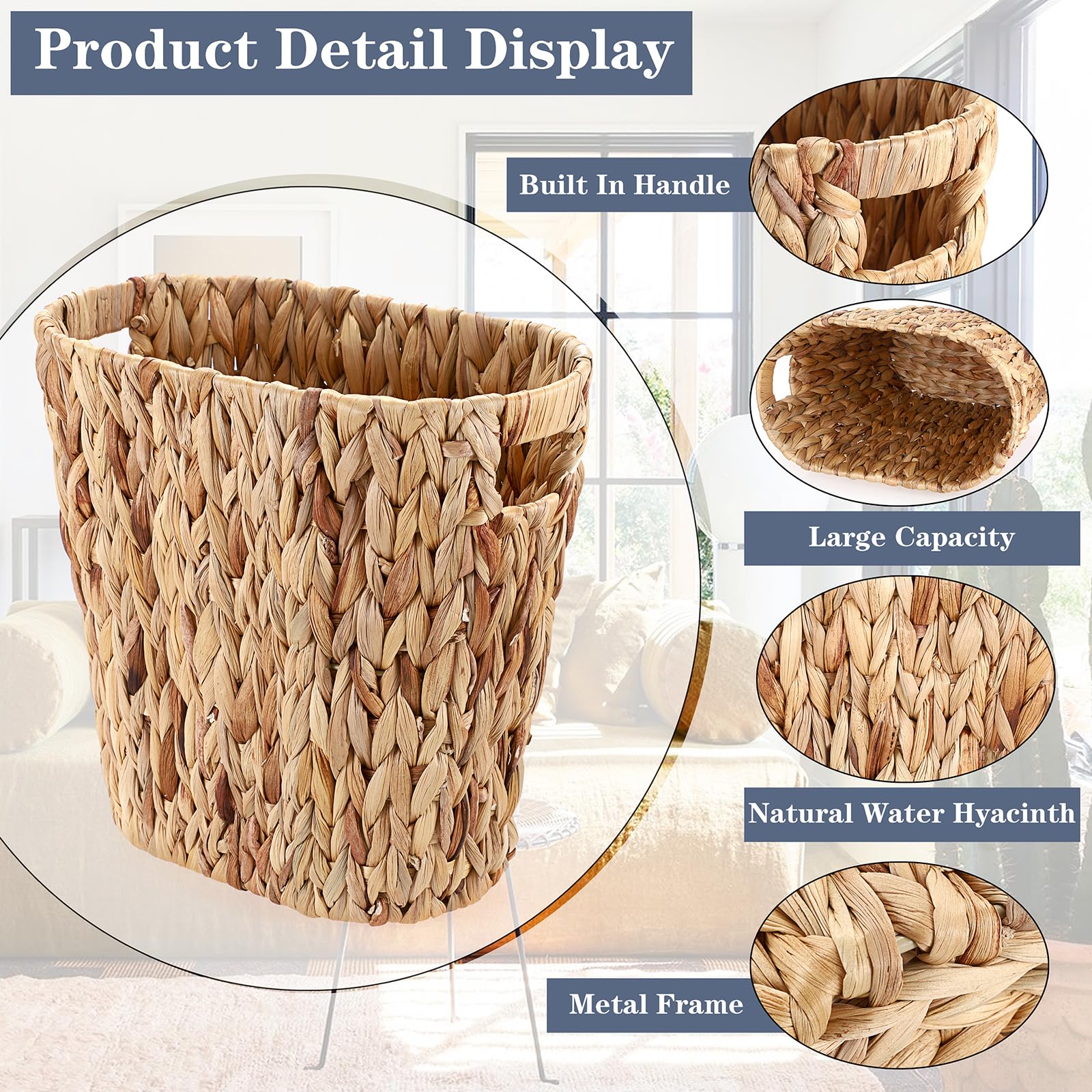 Sumnacon Wicker Trash Can Water Hyacinth Wicker Waste Basket with Handle Space-Saving Oval Bathroom Trash Can for Wastepaper,Magazine,Toy Multiple Garbage Can for Bedroom,Living Room,Kitchen,Office