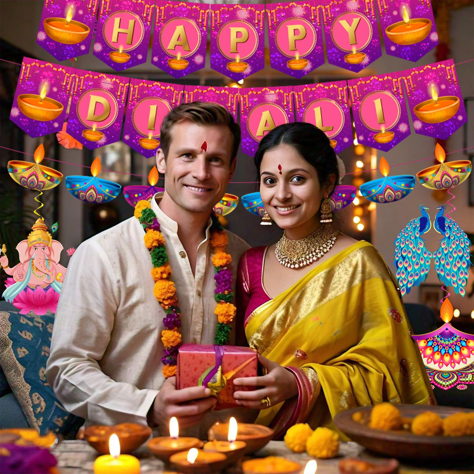 Diwali Decorations for Home, Happy Diwali Decorations includes Happy Diwali Banner and Diwali Hanging Decorations Swirls, Diwali Decorations Hanging Swirls for India Light Festival Diwali Celebration