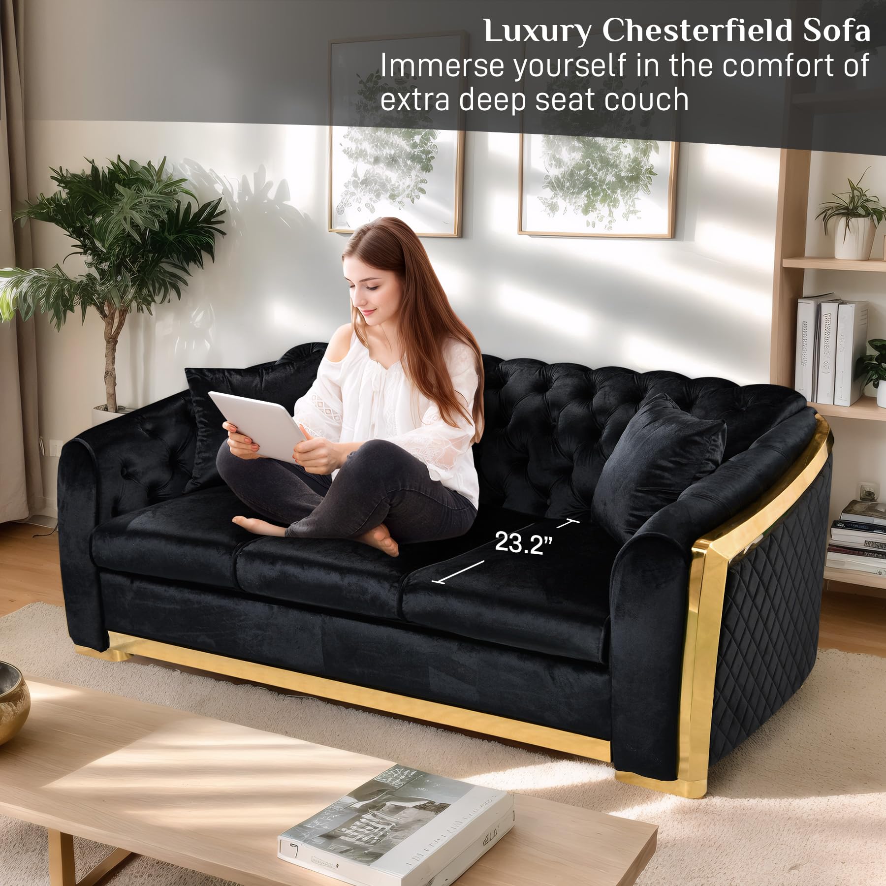 Mid Century Modern Chesterfield Sofa Couch, 81" Velvet Couch Chesterfield Sofa Luxury Upholstery Curved Sofas for Living Room, 3 Seat Tufted Sofa Furniture with 2 Pillows & Classic Gold Legs, Black