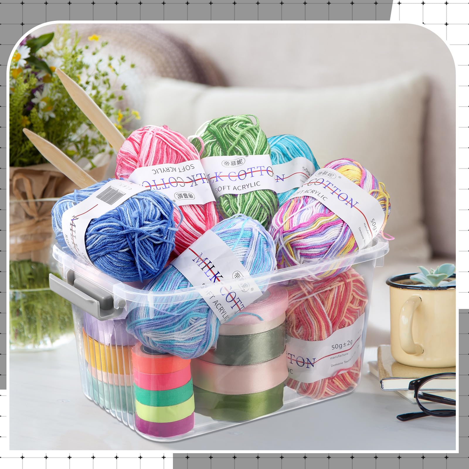 CroBlissful 2 Pcs Tall Yarn Storage Organizer Plastic Storage Bins with Lids Ribbon Organizer Clear Stackable Crochet Storage Container Holder for Thread Beads Ribbon Glitter Yarn