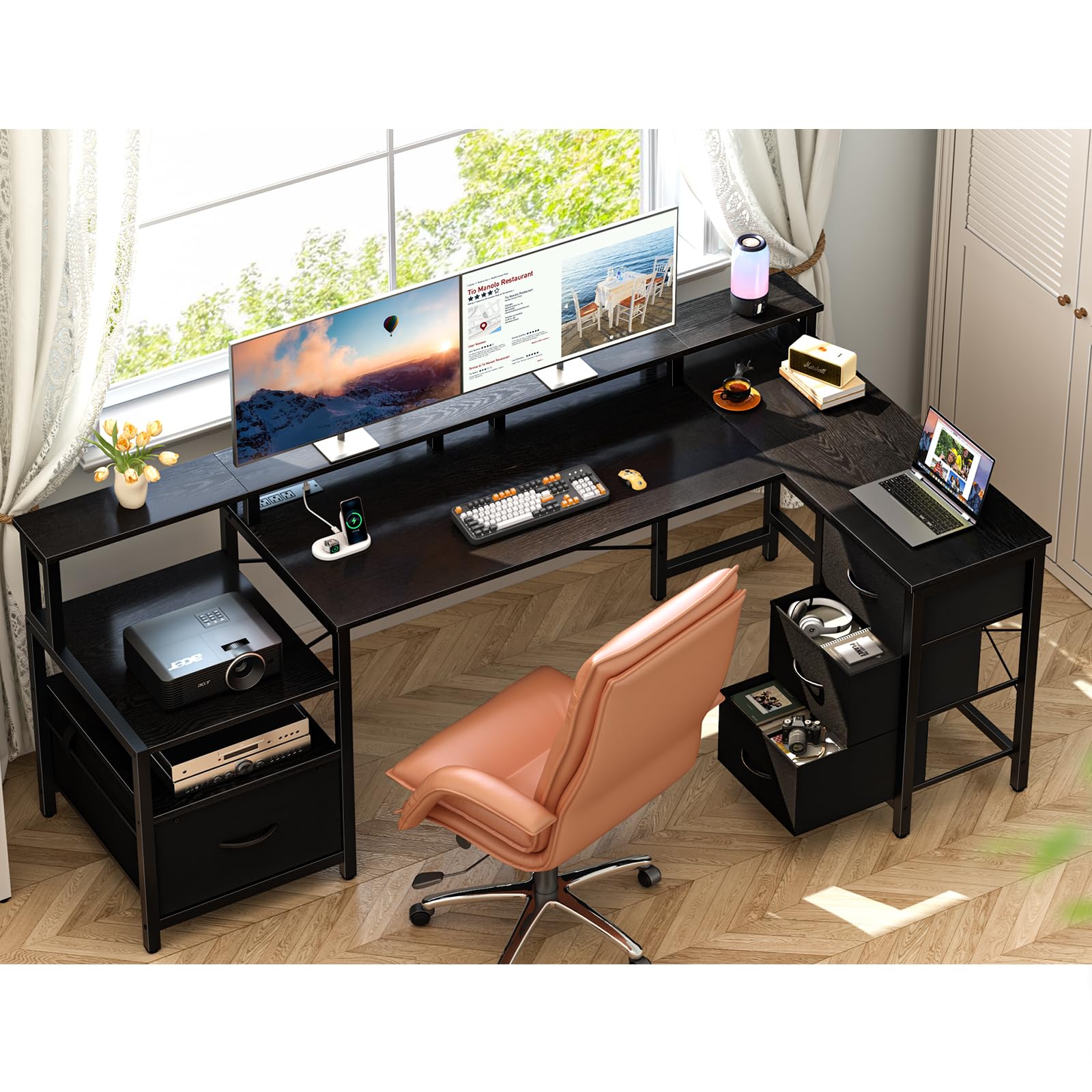 Yoobure L Shaped Desk with Drawers, Gaming Desk with LED Lights & Outlets, 75" Reversible Computer Desk with Storage File Cabinet & Printer Stand, Corner Desk Office Desk with Dual Monitor Stand Black