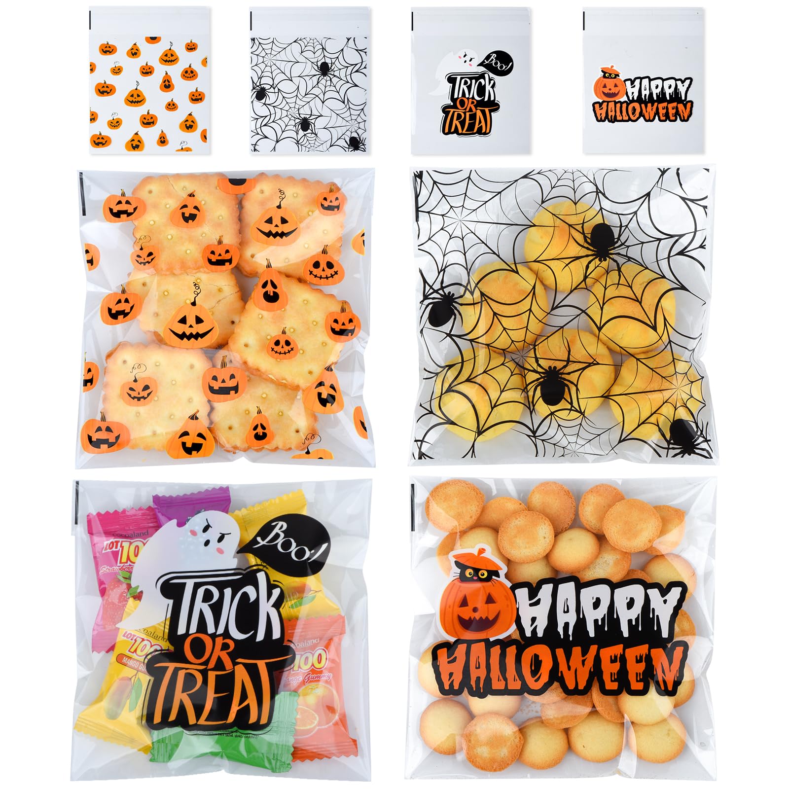 FamEaze Halloween Cellophane Bags, 100 PCS Halloween Cellophane Treat Bags Self Adhesive Clear Cookie and Candy Bags for Halloween Party Favors Supplies, 5 * 5 Inches (4 Style)