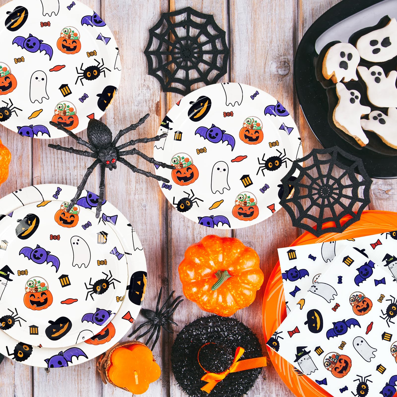 96PCS Happy Halloween Paper Plates and Napkins Set, Halloween Theme Party Decorations Set Include Paper Plates, Napkins, Forks Disposable Tableware Supplies for Kids Halloween Party, Serves 24