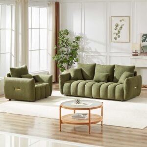 antetek teddy sofa set for living room, modern deep seat sofa chair and oversized 3-seater cloud boucle couch for bedroom, office, apartment, furniture set, green (2 piece)