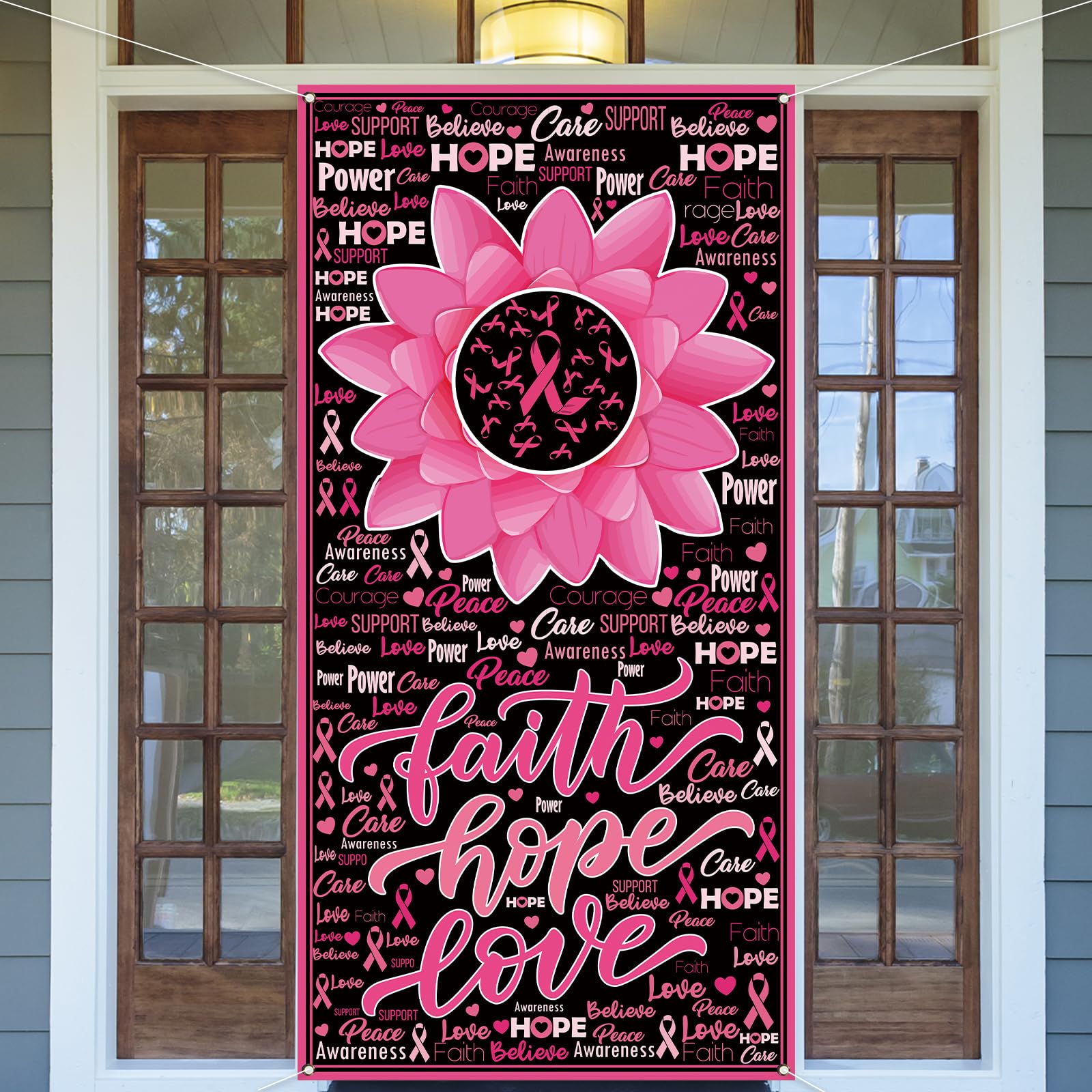 Breast Cancer Awareness Door Cover Hope Faith Love Photo Backdrop October Pink Ribbon Party Decorations and Supplies for Home