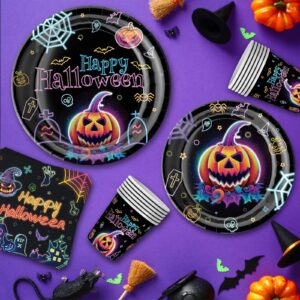 150 Pcs Neon Halloween Party Supplies for 16 Guest, Glow in The Dark Halloween Paper Plates and Napkins Disposable Tableware Set Include Knife Fork Spoon for Happy Halloween Birthday Party Supplies