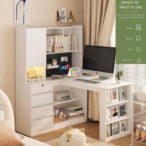 RuiSiSi Home Office L Shaped Corner Desk with Hutch, Drawers & Bookshelf, Modern Desk with LED Light, Study Table Writing Desk, Gaming Computer Desk with Storage, White