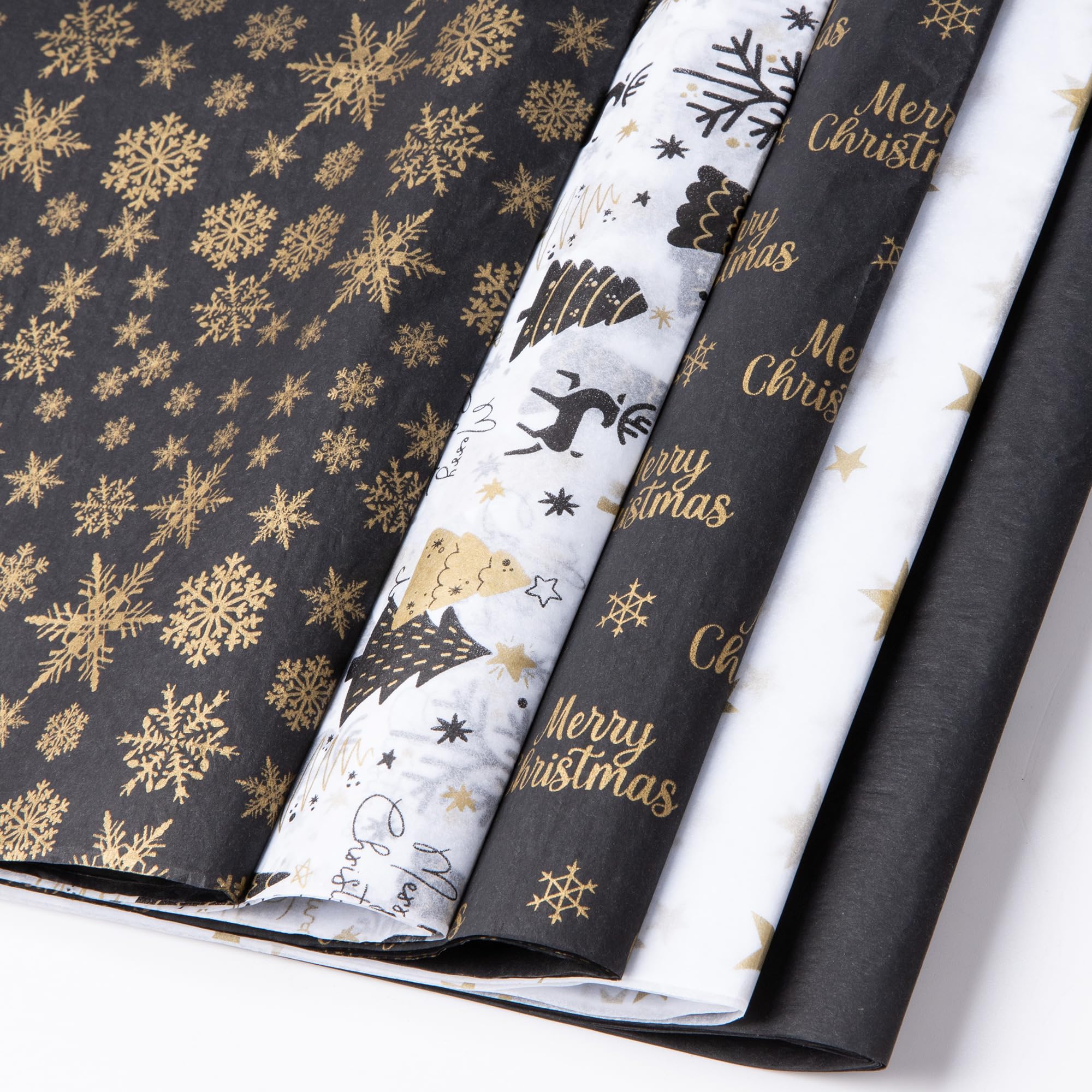 BeBesta Christmas Tissue Paper Black Gold Wrapping Paper Tree Reindeer Gift Wrapping Tissue Paper Merry Christmas Art Paper Crafts for Home DIY Gift Bags New Year Decor, 100 Sheets