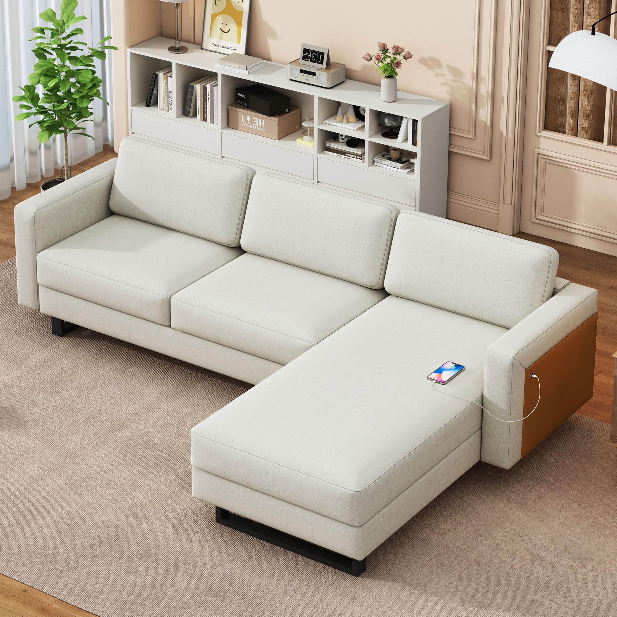 Favfurish Sectional, Convertible L-Shape Sofa Couch with Reversible Armrests,Solid Wood Frame,Chaise Longue,USB Function,for Living Room, Apartment,Studio,Cream White, 100