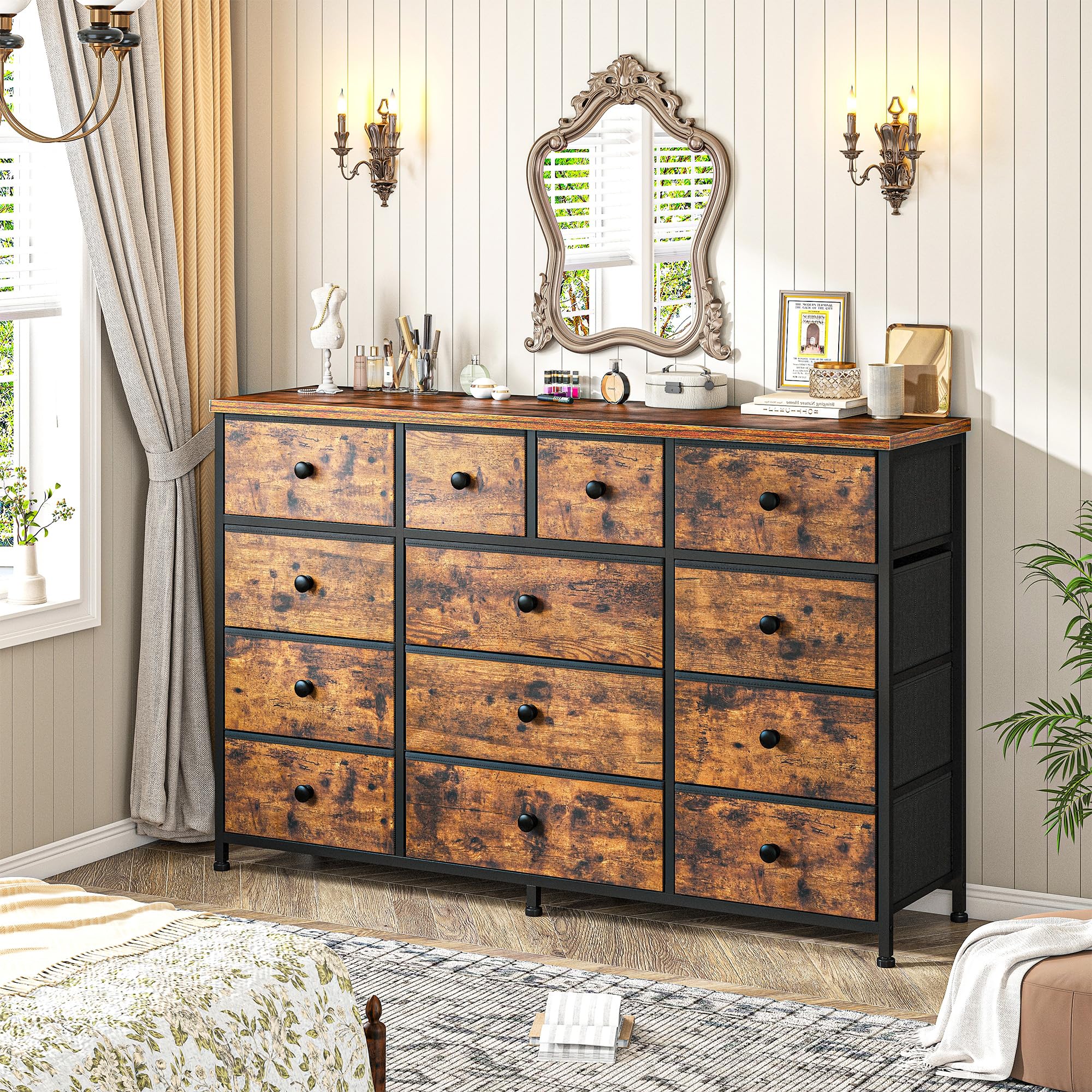 EnHomee Dresser for Bedroom with 13 Drawers Dresser Bedroom Long Dressers & Chest of Drawers Large Storage Fabric Dresser for Bedroom Living Room Entry, Sturdy Metal Frame,47.2" Wx 33" H x 11.8" D