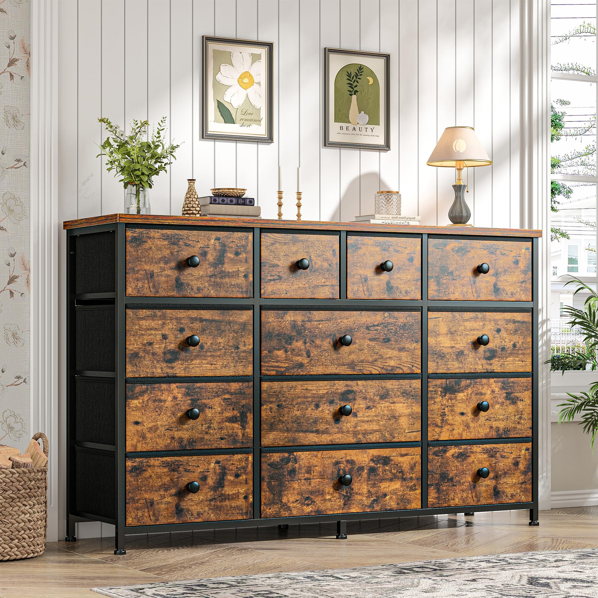 EnHomee Dresser for Bedroom with 13 Drawers Dresser Bedroom Long Dressers & Chest of Drawers Large Storage Fabric Dresser for Bedroom Living Room Entry, Sturdy Metal Frame,47.2" Wx 33" H x 11.8" D