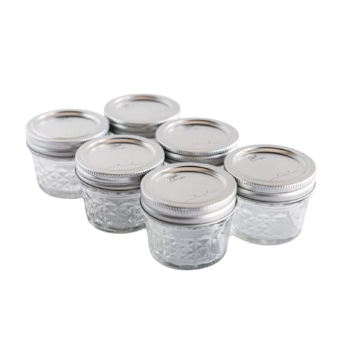 Ball - Quilted Crystal Jelly Jars with Lids & Bands | 6-Pack 4oz Mason Jars | Clear Glass Jars for Kitchen Storage & Canning for Herbs, Jelly, Jams, and Spices| 4 Ounce Regular Mouth Jars with Lid