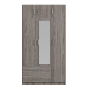 LOUHME Modern 3-Door Wardrobe with Full-Length Mirror – Features 2 Drawers, Top Cabinet, Shelving, and Hanging Rod for Bedroom Storage, Gray