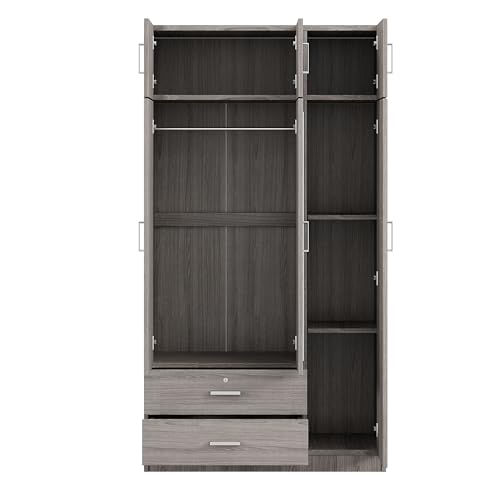 LOUHME Modern 3-Door Wardrobe with Full-Length Mirror – Features 2 Drawers, Top Cabinet, Shelving, and Hanging Rod for Bedroom Storage, Gray