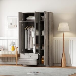 LOUHME Modern 3-Door Wardrobe with Full-Length Mirror – Features 2 Drawers, Top Cabinet, Shelving, and Hanging Rod for Bedroom Storage, Gray